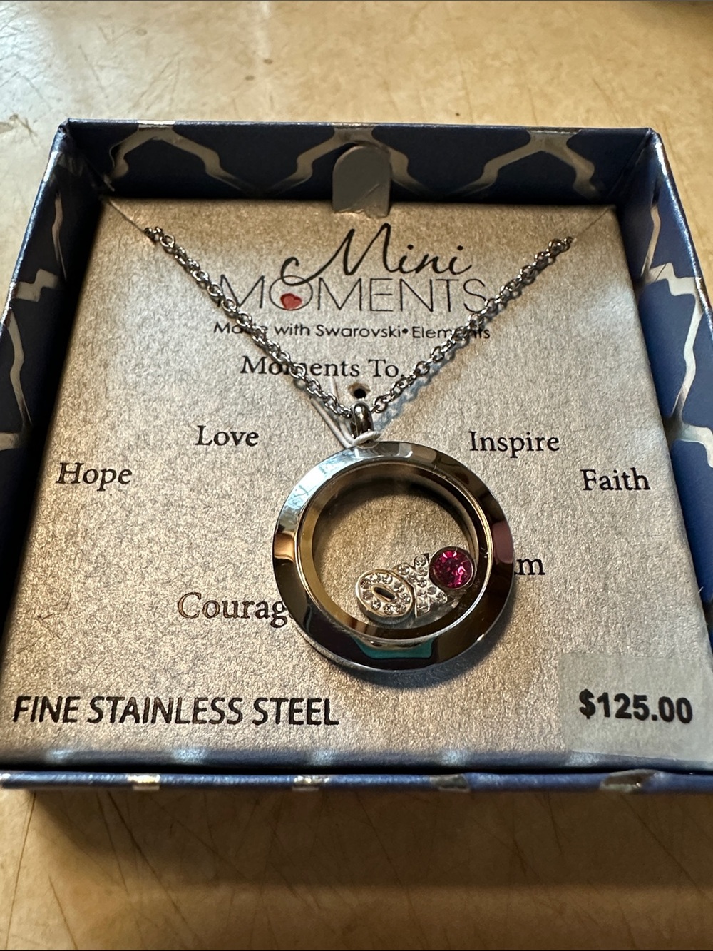 Stainless Steel Circle Locket Necklace with Pink & white Swarovski crystals